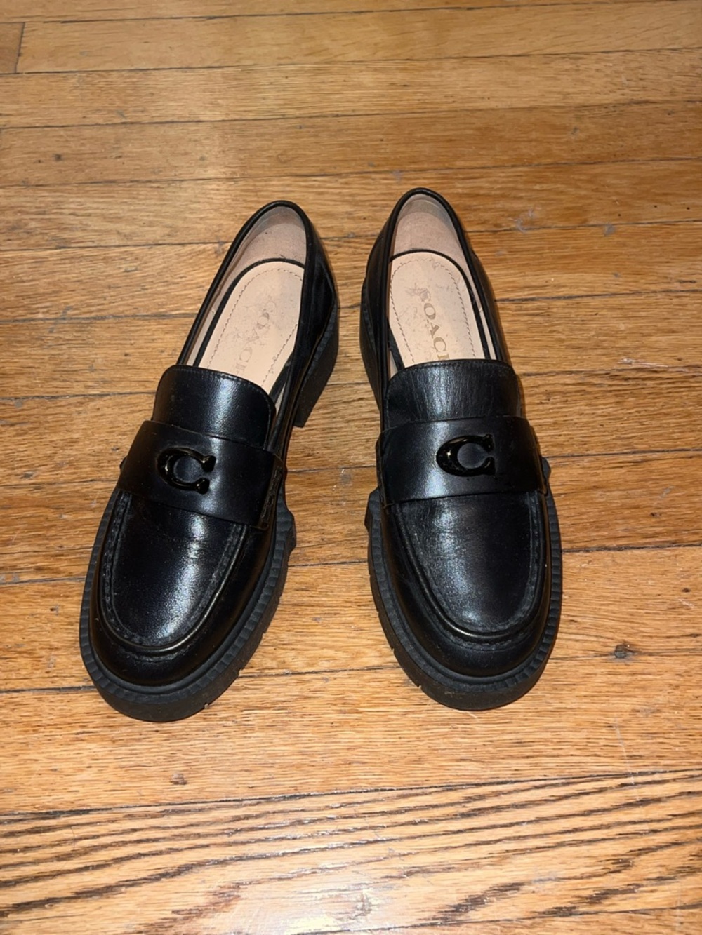 Coach Black Leather Lug-Sole Penny Loafers - Picture 1 of 3
